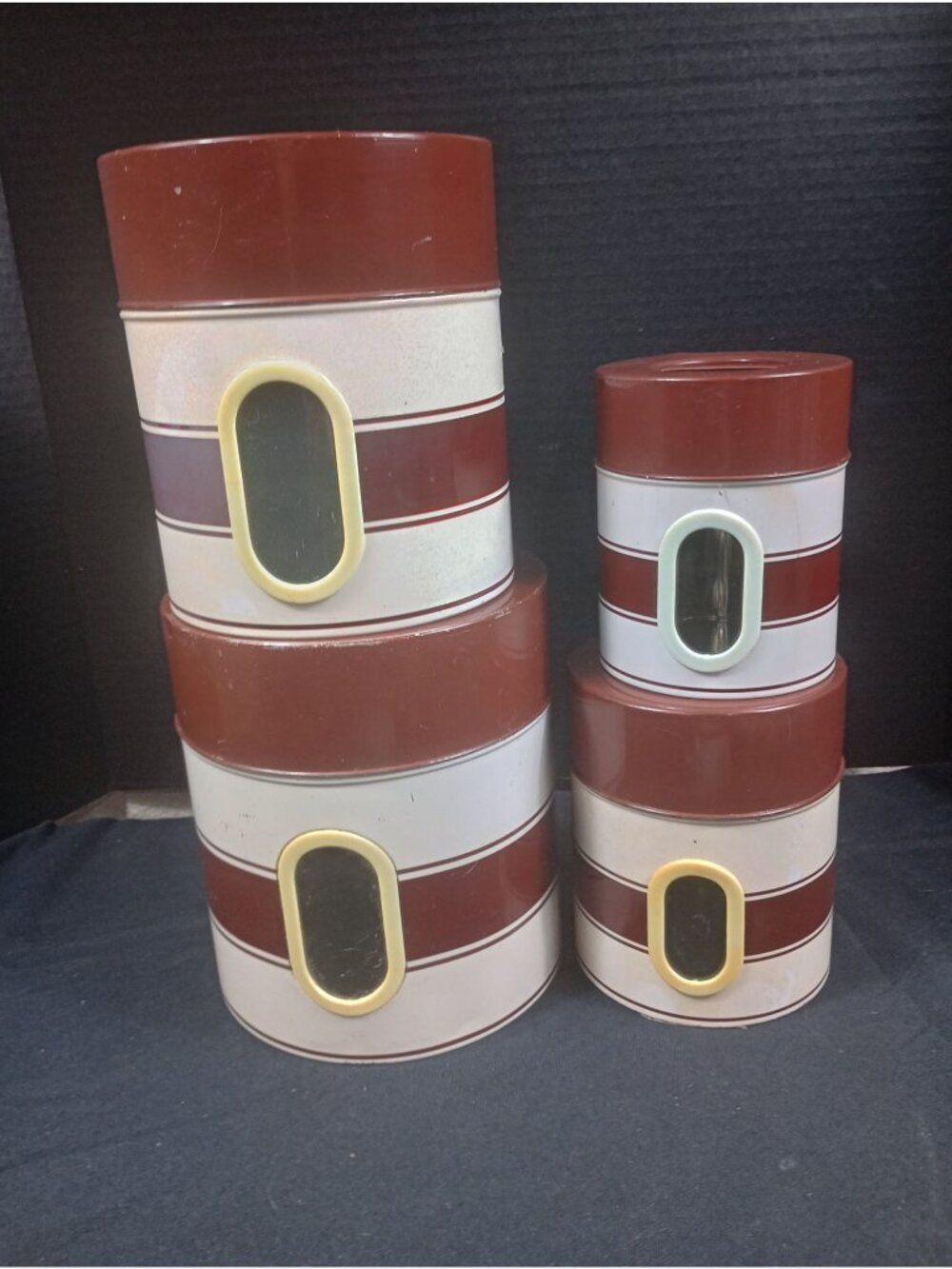 Vintage  4 PC  Holt Howard Metal Cream and Brown  Nesting Canisters with Windows
